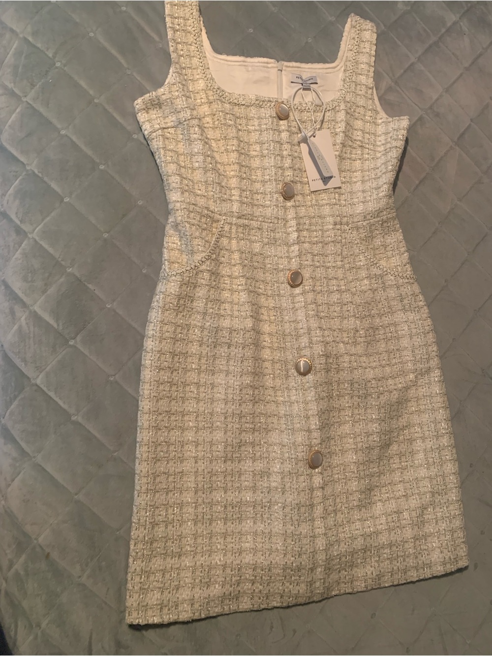 Petite Studio Cream Tweed Button-Front Mini Dress